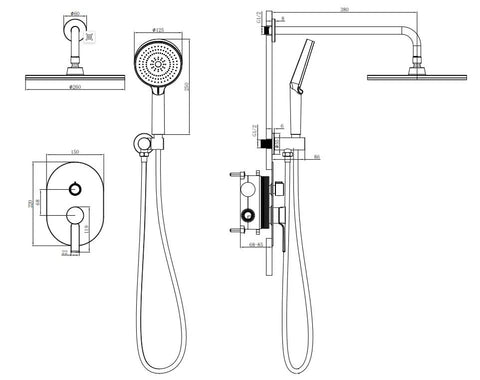 Straight Up Slick Thermostatic Shower System Wall Mounted Concealed Bathtub Faucet Brushed Grey dimensions and features drawing.