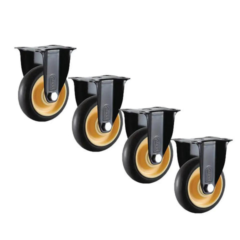 Heavy Duty 3 And 4 Inch Caster Wheels With Dual Locking Brakes Swivel Casters And Fixed Rollers shown in a four pack with rubber tread.