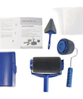Heavy Duty Paint Roller Brush Set With Flocked Edge Tool And Seamless Trim Edger For Smooth Wall Painting No Drip Reservoir Comfort Grip Handle and accessories including manual.