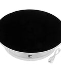 Ultimate 360 Degree Electric Turntable Rotating Display Stand With Two-Speed Adjustment For Jewelry Watches Photoshoot And Commercial Showcase Using White Base And Black Velvet Surface, top view with power cord.