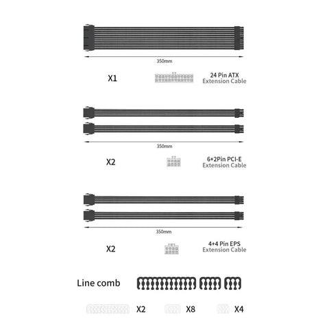 Heavy Duty 18AWG Sleeved Power Cable Extension Cord Set With 24Pin Motherboard Pcie Gpu And Cpu Connectors 350mm lengths.