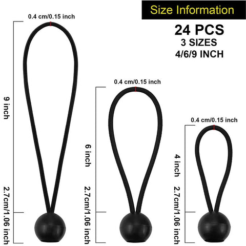 24 Piece Ball Bungee Cords Set Heavy Duty Tarp Ball Cords With 4mm Elastic 4in 6in 9in Sizes Black Canopy Ties diagram