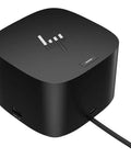 Smooth Running Thunderbolt 4 Docking Station With Dual Type C And Dual Display Links For Crisp 4K Screens, Solid Ethernet Port, Four Quick Usb A Slots, Cross Platform Magic With Snappy Built In Camera, black cube shape with ports visible.