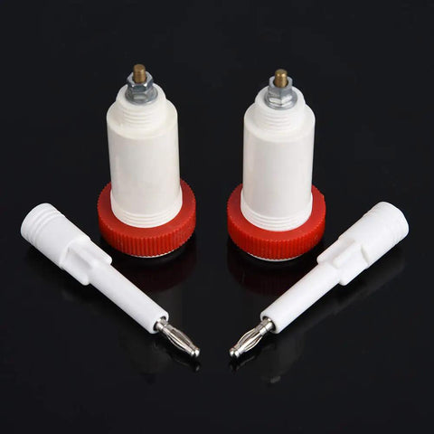 Top Rated Four Millimeter Banana Cross Jack Adapter providing a rock solid threaded fit, high voltage connectors, white and red design.