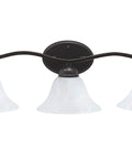 3 Light Vanity Fixture In Oil Rubbed Bronze With Alabaster Glass Shades 26 And A Quarter Inch Wide Bathroom Lighting Shown from front