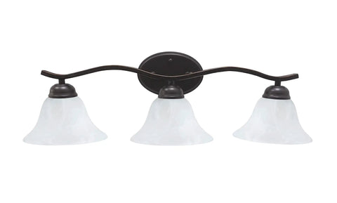 3 Light Vanity Fixture In Oil Rubbed Bronze With Alabaster Glass Shades 26 And A Quarter Inch Wide Bathroom Lighting Shown from front
