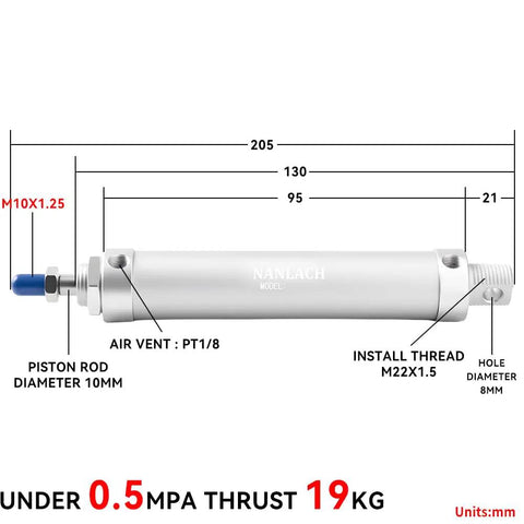 Diagram of a Pneumatic Air Cylinder 25mm Bore 25mm Stroke Double Acting with Two 8mm Fittings PT1/8 Port, aluminum body specifications.