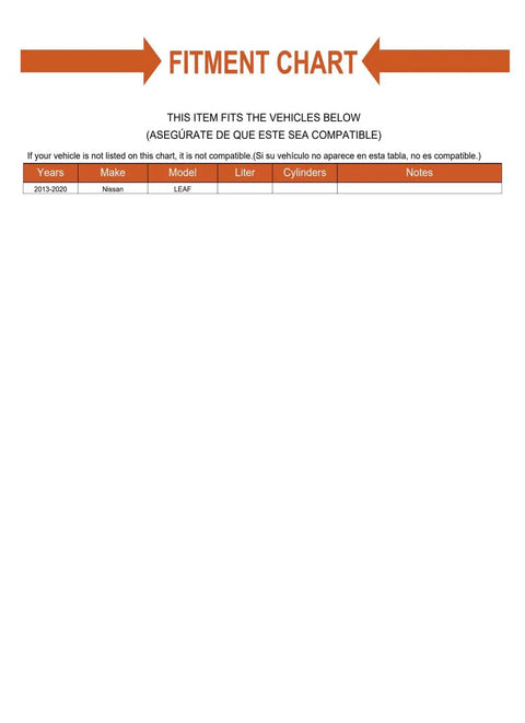 Fitment chart for Front Wheel Bearing And Hub Assembly Kit For 2013 2020 Nissan Leaf confirming compatibility.