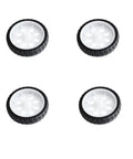 Four 65mm Rubber RC Wheel Set For DIY Models, Robots, And Small RC Cars, White And Black, Durable Car Wheel Tires Displayed