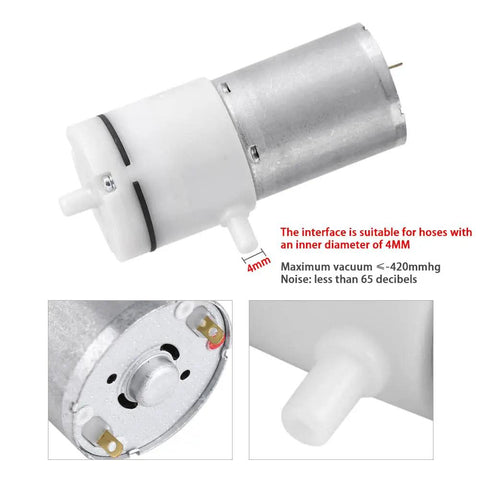 Heavy Duty 12V DC Mini Air Pump That Keeps It Quiet While Kickin Out Steady 2 To 3 Point 2 LPM Flow Easy On The Bench And Built Different For Home Gear Or Medical Tools Silent Smooth Operation Guaranteed, visible motor with 4mm port.