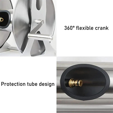 Stainless Steel Garden Hose Reel With Durable Protective Cover And Smooth Metal Crank For 50 Foot Hoses showing 360° flexible crank and protection tube design.