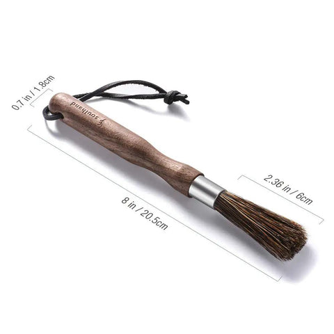 Barista Grade Coffee Grinder Cleaning Brush with natural boar bristles, walnut handle, and hanging strap, dimensions shown