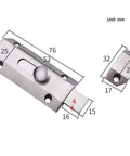 Rock Solid Sliding Bolt Door Lock With Smooth Auto Glide And Flat Barrel Profile For Patios Barn Doors And Gates Super Easy Surface Mount Security Hardware In Matte Silver Finish showing dimensions and design.