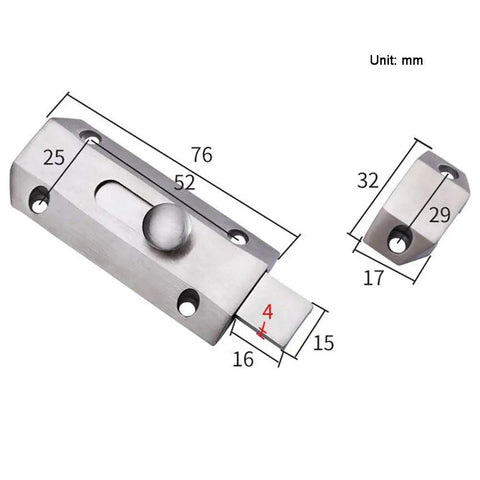 Rock Solid Sliding Bolt Door Lock With Smooth Auto Glide And Flat Barrel Profile For Patios Barn Doors And Gates Super Easy Surface Mount Security Hardware In Matte Silver Finish showing dimensions and design.