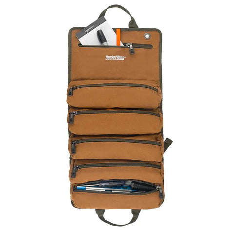 Grab-And-Go Super Roll Tool Roll with six zippered pockets and tools inside, heavy-duty canvas, laid flat for storage.