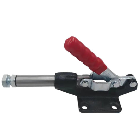 Industrial Grade Toggle Clamp Quick Release Tooling Fixture With Push Pull Lever For Heavy Duty Workholding And No Sweat Setup On Every Solid American Workbench Station, showing red lever handle and metal base.