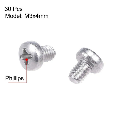 Slick 304 Stainless Steel Machine Screws M3X4mm Pan Phillips Head Bolts showing two precision threaded fasteners.