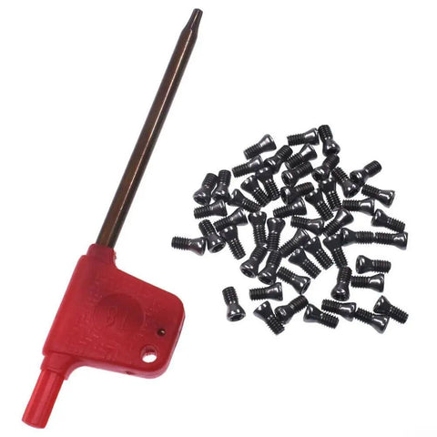 50 Piece M2.5 X 6MM Torx Socket Head Cap Screws For Carbide Insert Lathe Tools with a red Torx wrench and black screws.