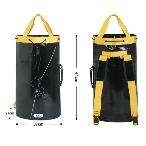Climbing Rope Bag 55L, Heavy-Duty Polyester PVC Storage Backpack With Drawstring Closure, Yellow Straps, Water-Resistant Gear