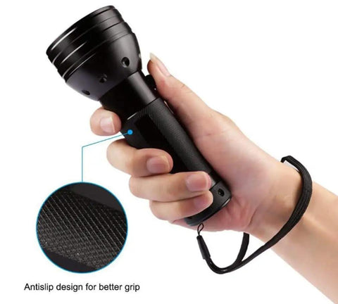 Ultraviolet Blacklight Flashlight With 51 LEDs, 395 Nanometer UV Light handheld showing antislip design held by hand