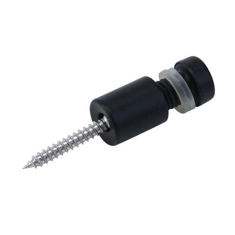 Close-up of glass standoff, 1/2 x 3/4 in, matte black with stainless steel screw