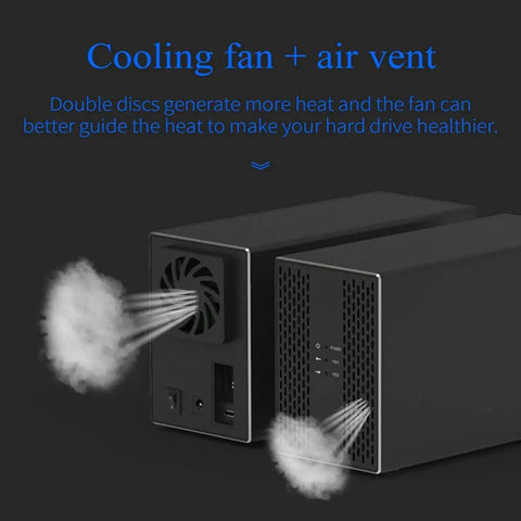 Cooling fan and air vent on Rock Solid Dual Bay 3.5 Inch HDD Enclosure Featuring USB 3.0 And USB 3.1 Ports.