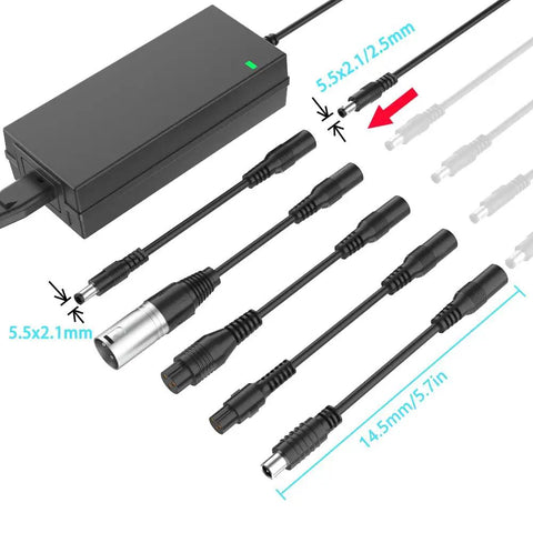 Versatile 42V 2A Scooter Charger with 6 in 1 Plugs for 36V Lithium Batteries, various connector sizes shown