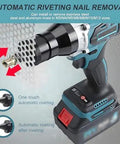 Heavy Duty Cordless Rivet Nut Tool With 26 Volt 5200 Mah Battery For M3 Through M12 Sizes shown removing aluminum rivets.