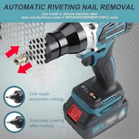Heavy Duty Cordless Rivet Nut Tool With 26 Volt 5200 Mah Battery For M3 Through M12 Sizes shown removing aluminum rivets.