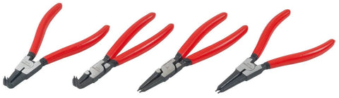 4-Piece Snap Ring Plier Set, 7-Inch straight and curved pro-grade heavy-duty steel pliers with red handles for internal and external rings