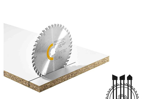 Fine-Cut Circular Saw Blade 168 x 1.8 x 20 WD42 US in action, cutting veneered panel for splinter-free finish.