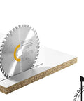 Wood Fine Cut Saw Blade 160x1.8x20 for clean splinter-free cuts demonstrating a cut on plywood with color-coded design