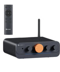 Bluetooth Amplifier For Outdoor Speakers With Built In DAC And Four Channel Power Amp, remote control visible, black unit
