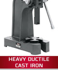 Pro Level 2 Ton Arbor Press With Precision Steel Ram And Slotted Top Plate, heavy ductile cast iron construction for durability.