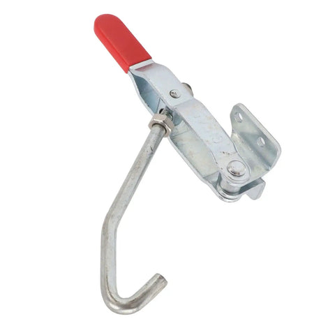 Heavy Duty J Hook Toggle Clamp With Galvanized Iron Build And Non Slip Grip For Woodworking Automotive Doors Fixtures, side view showing latch mechanism.