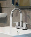 Brushed Nickel 4 Inch Centerset Bathroom Faucet With 2 Handles, Lead Free SUS304 Stainless Steel, Copper Pop Up Drain, 1.2 GPM Water Saving Aerator, No Splash, CEC Listed on bathroom sink