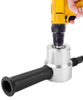 Metal Sheet Cutter Double Head Electric Drill Attachment Portable Nibbler for Straight Curve and Arc Cuts with yellow drill.