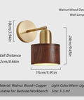 Walnut Wood Wall Sconce With Brass Arm Rotatable Head And Adjustable Cylinder Shade for bedroom or desk
