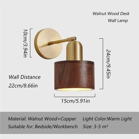 Walnut Wood Wall Sconce With Brass Arm Rotatable Head And Adjustable Cylinder Shade for bedroom or desk