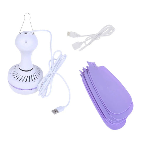 6 Leaves Ceiling Fan with Remote Control for Outdoor USB, portable fan with USB cable and purple blades, lightweight design.
