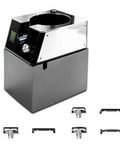 Heavy Duty Automatic Espresso Puck Shooter And Portafilter Cleaner With 58mm Compatibility, featuring stainless steel top and three rubber adapters.
