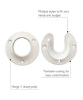 Heavy Duty White Closet Rod Brackets Support Sockets Fit Standard Closet Poles Slide Right On No Hassle Durable Plastic 5 Pack image showing two styles of white socket brackets.