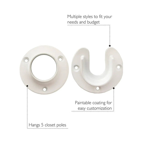 Heavy Duty White Closet Rod Brackets Support Sockets Fit Standard Closet Poles Slide Right On No Hassle Durable Plastic 5 Pack image showing two styles of white socket brackets.