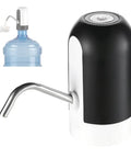 Handy Rechargeable Electric Fluid Pump For Water And Oil With Portable USB Dispenser next to a water jug, stainless steel spout.