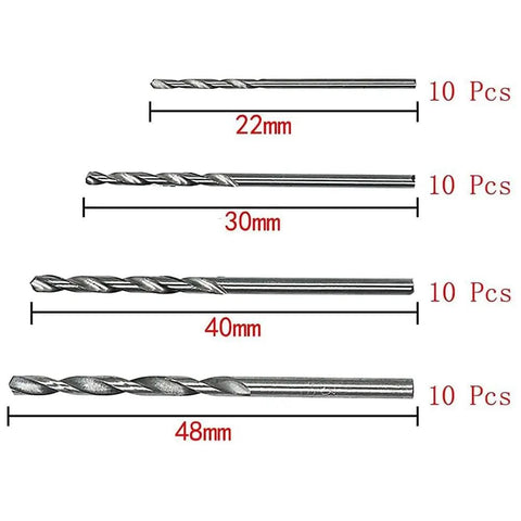 Detailed view of 40 Piece Mini Drill Bit Set 0.5mm to 2.0mm Straight HSS Twist Bits showing different sizes and quantities.