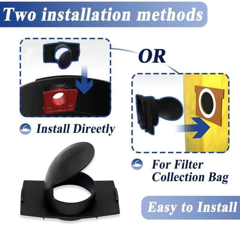 Amazon generic inlet deflector for vacuum, black plastic, shows two installation methods: direct install or into filter bag.