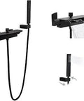 Matte Black Wall Mount Tub Filler With Waterfall Flow, Sprayer And Hand Shower, Brass Bath Faucets With High Flow Tub Spout, Two Handle Wall Mounted Tub Faucet Set For Smooth Bath Experience displayed