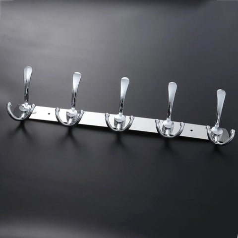 Two Piece Five Hook Wall Mounted Coat Rack Made From Solid Stainless Steel Featuring A Polished Mirror Finish, on a black surface.