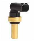 Engine coolant temperature sensor with brass cylindrical body and black 90-degree connector