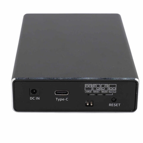 Heavy Duty 2 Bay Sata Raid Enclosure supports 2.5 inch drives via USB 3.1 Type C connection, back view with ports and settings.